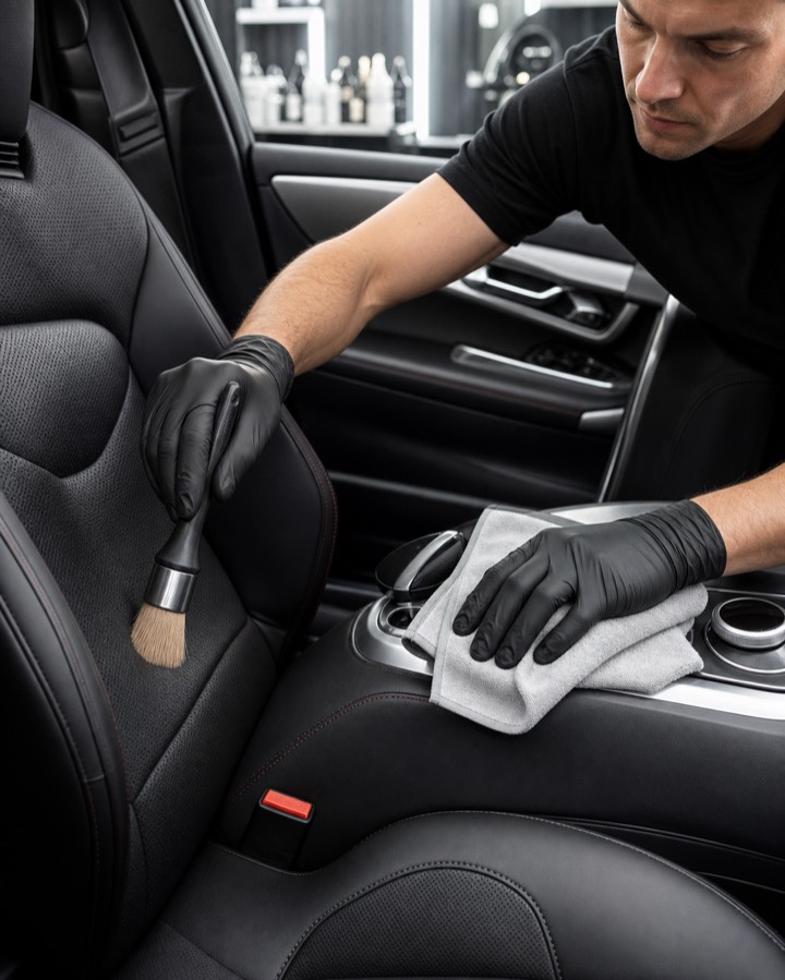 Detailer membersihkan jok kulit dan konsol mobil premium